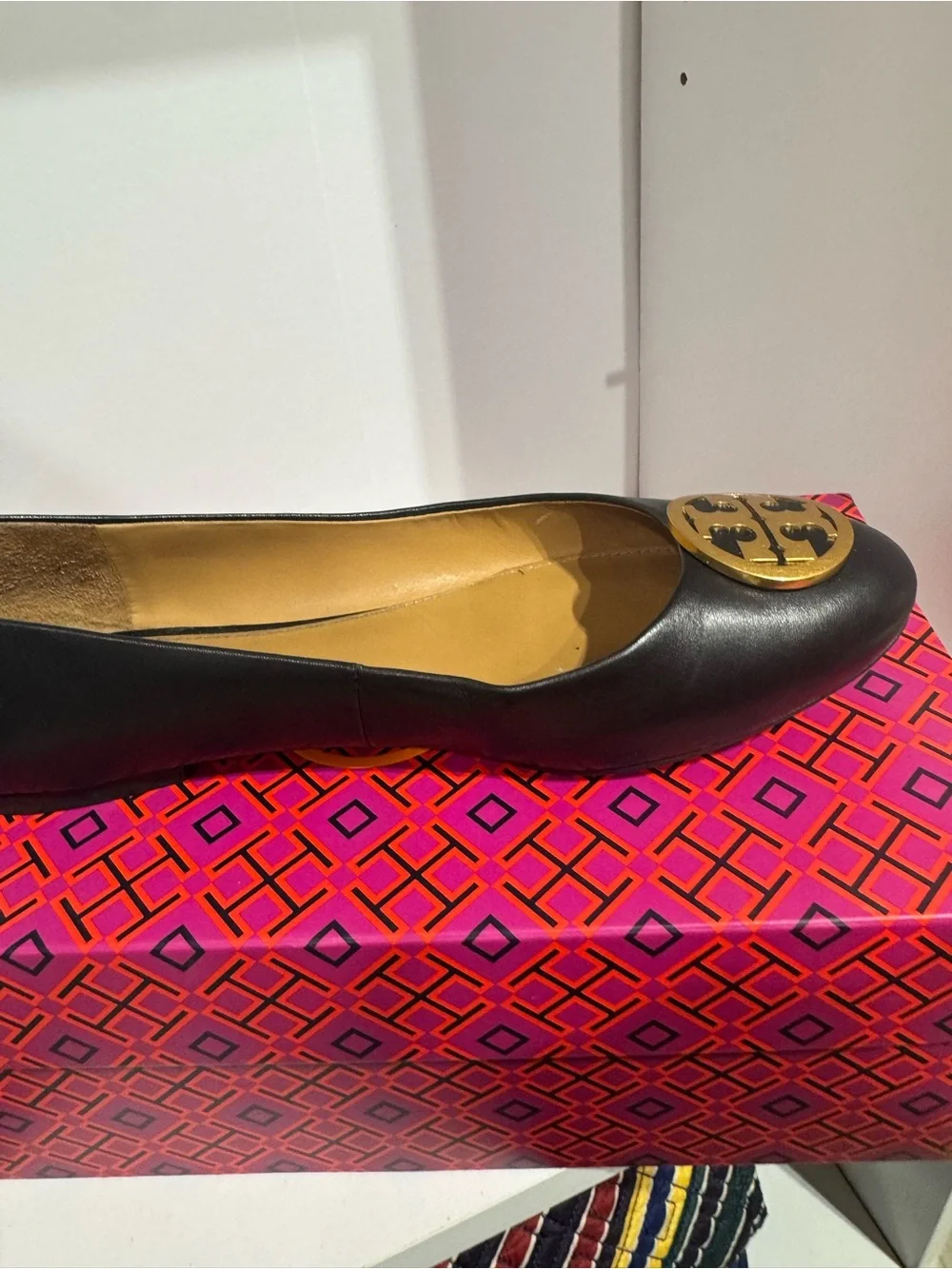 Tory Burch Black Leather Ballet Flat with Gold Logo Medallion